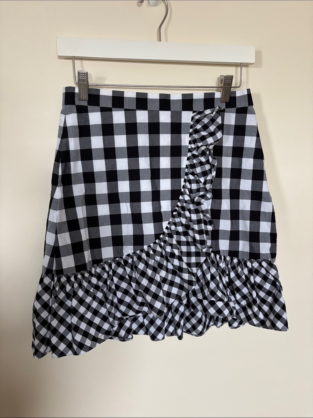 J. Crew Black and White Gingham Ruffle Wrap Skirt Checkerboard Poplin Cotton